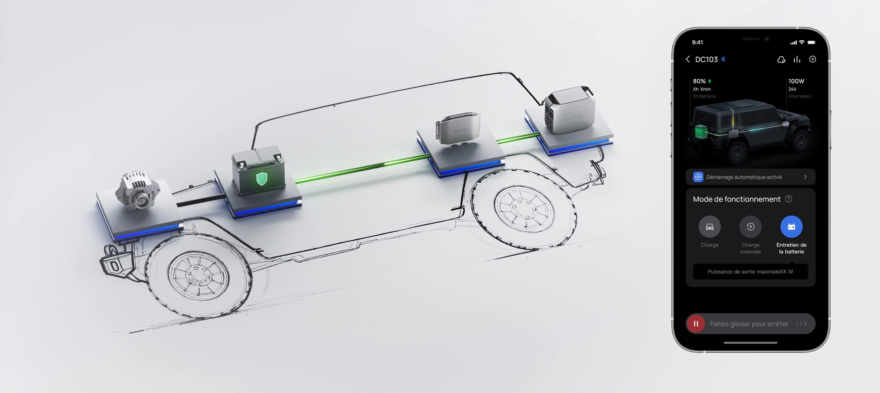 Schéma du mode d’entretien de la batterie EcoFlow jusqu’à 100 W